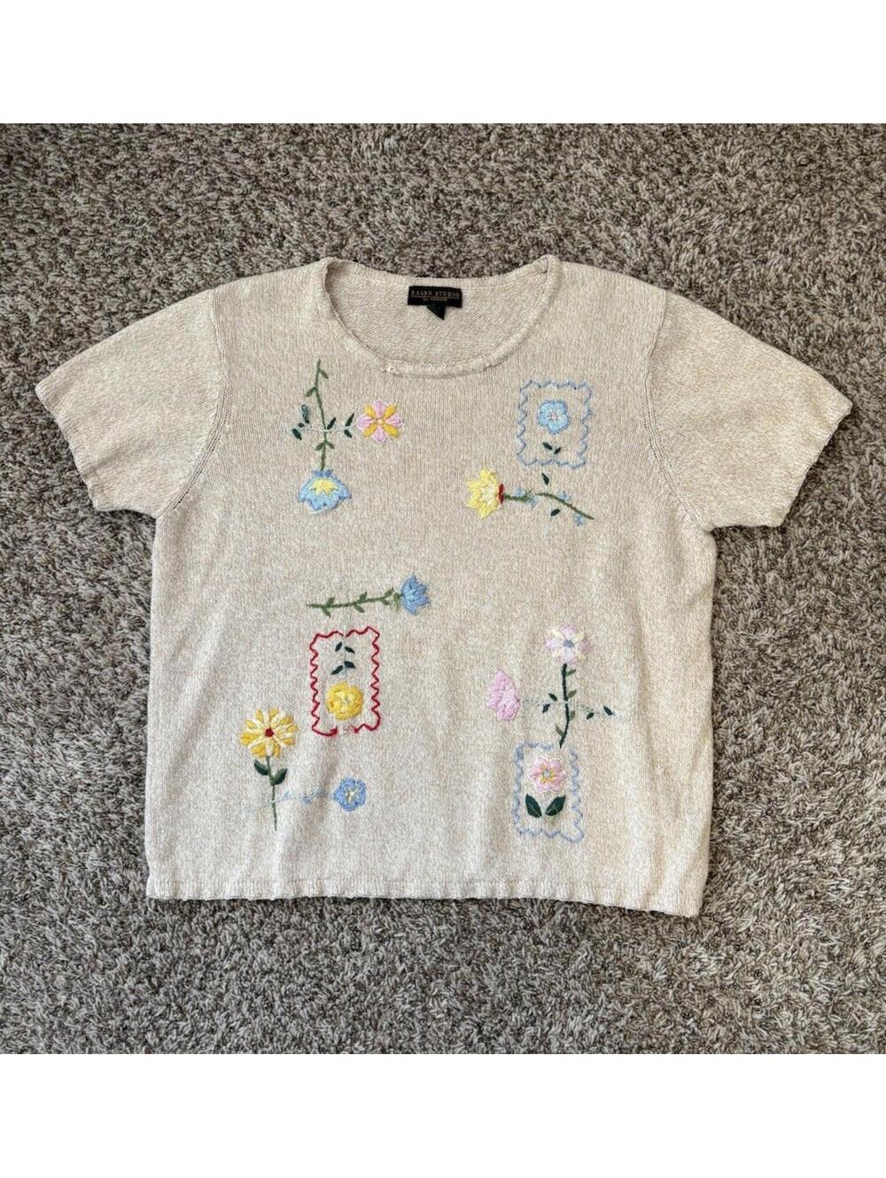Salon Studio By Haband Pullover Short Sleeve Sweater Embroidery Size 2X Vintage